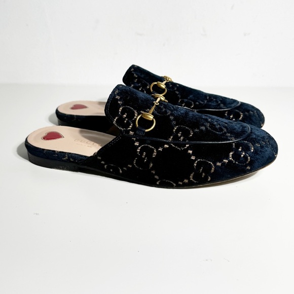 Gucci Princetown Velvet loafers Navy Blue with gold horsebit hardware gg sz 38 - Picture 5 of 10